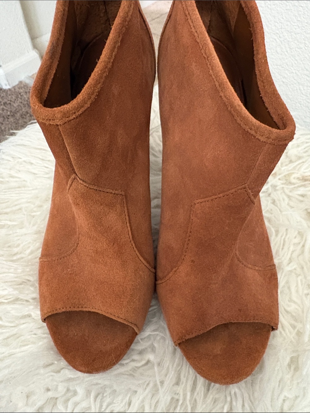 Jessica Simpson Tan Suede Peep-Toe Mule Booties